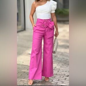 White Top and Pink Wide-Leg Pants One Shoulder Blouse Light Weight Two Piece Set